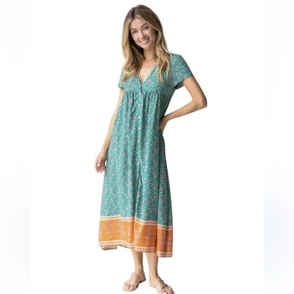 Natural Life Midi Dress NWT Pockets Avery Button Front Jade Floral Boho XL - Picture 4 of 13